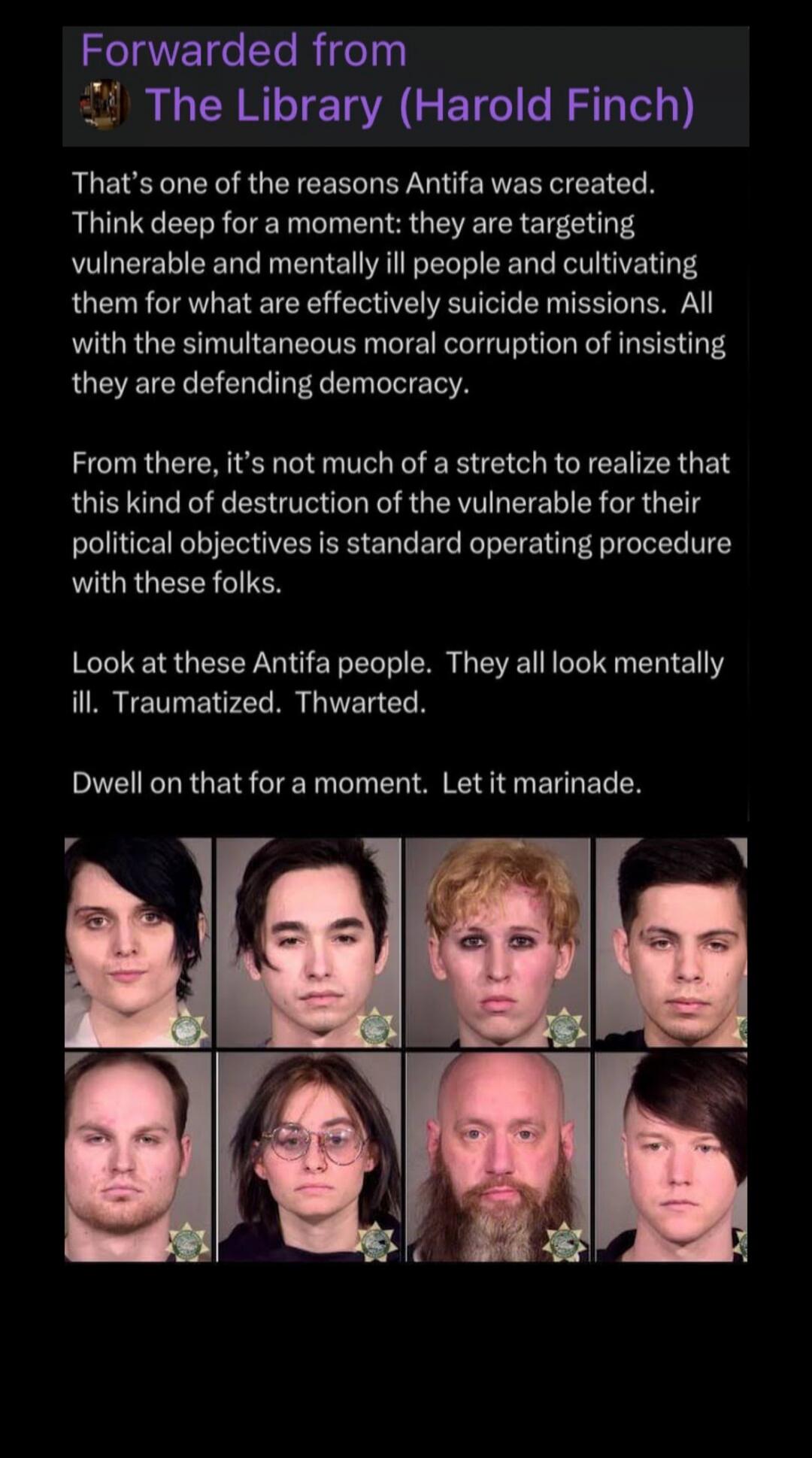 Forwarded from The Library (Harold Finch). That's one of the reasons Antifa was created. Think deep for a moment: they are targeting vulnerable and mentally ill people and cultivating them for what are effectively suicide missions. All with the simultaneous moral corruption of insisting they are defending democracy. From there, it's not much of a s