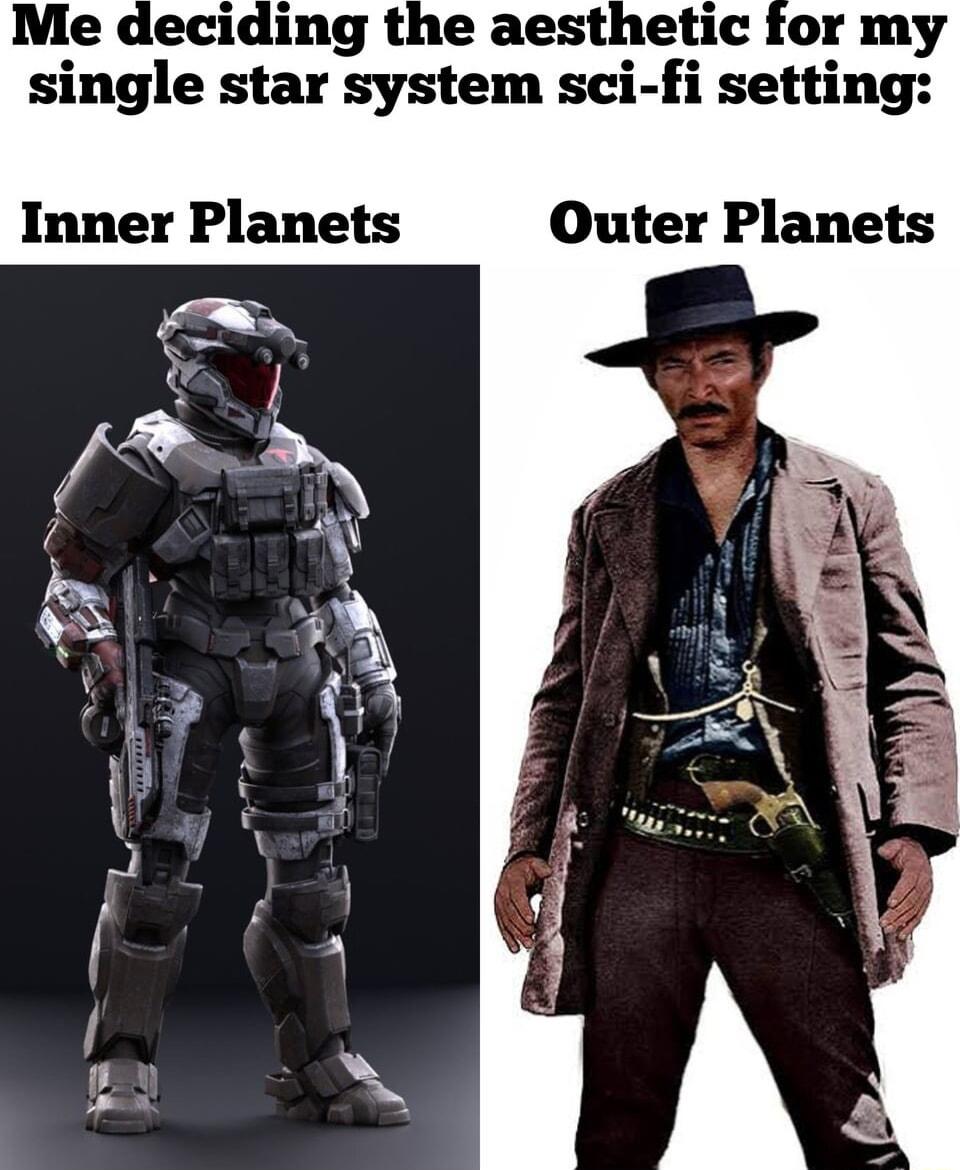 Me deciding the aesthetic for my single star system sci fi setting Inner Planets Outer Planets