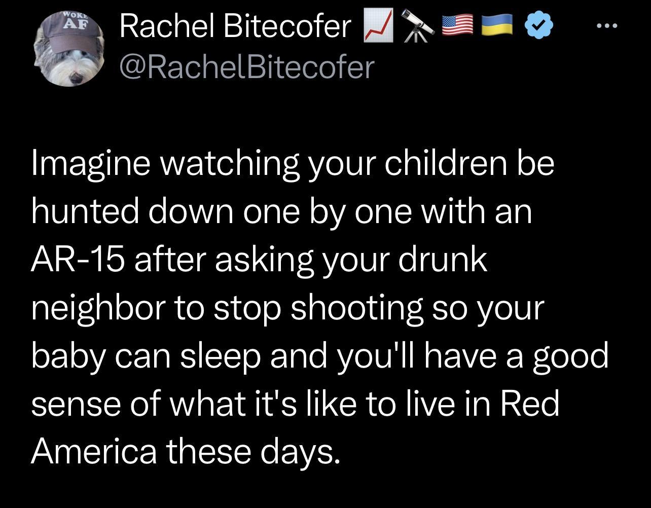 Rachel Bitecofer B RachelBitecofer Imagine watching your children be hunted down one by one with an AR 15 after asking your drunk neighbor to stop shooting so your baby can sleep and youll have a good sense of what its like to live in Red America these days
