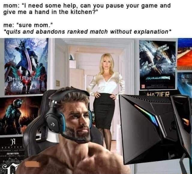 mom I need some help can you pause your game and give me a hand in the kiichen me sure mom quits and abandons ranked match without explanation