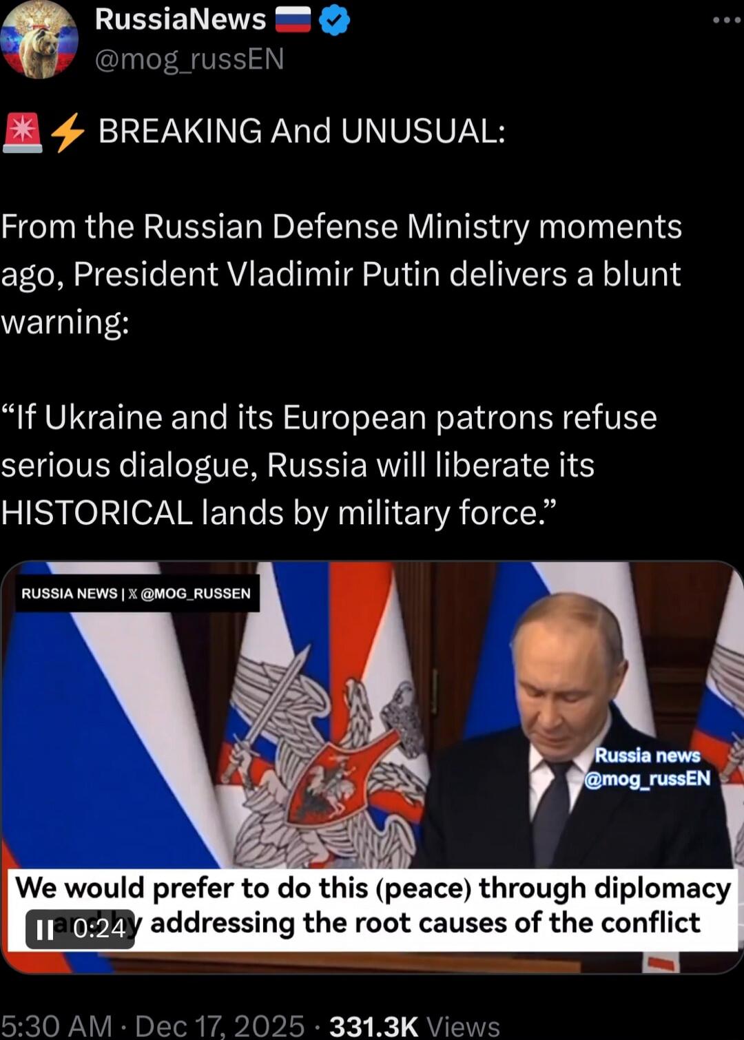 From the Russian Defense Ministry moments ago, President Vladimir Putin delivers a blunt warning: “If Ukraine and its European patrons refuse serious dialogue, Russia will liberate its HISTORICAL lands by military force.”

Video subtitle: 