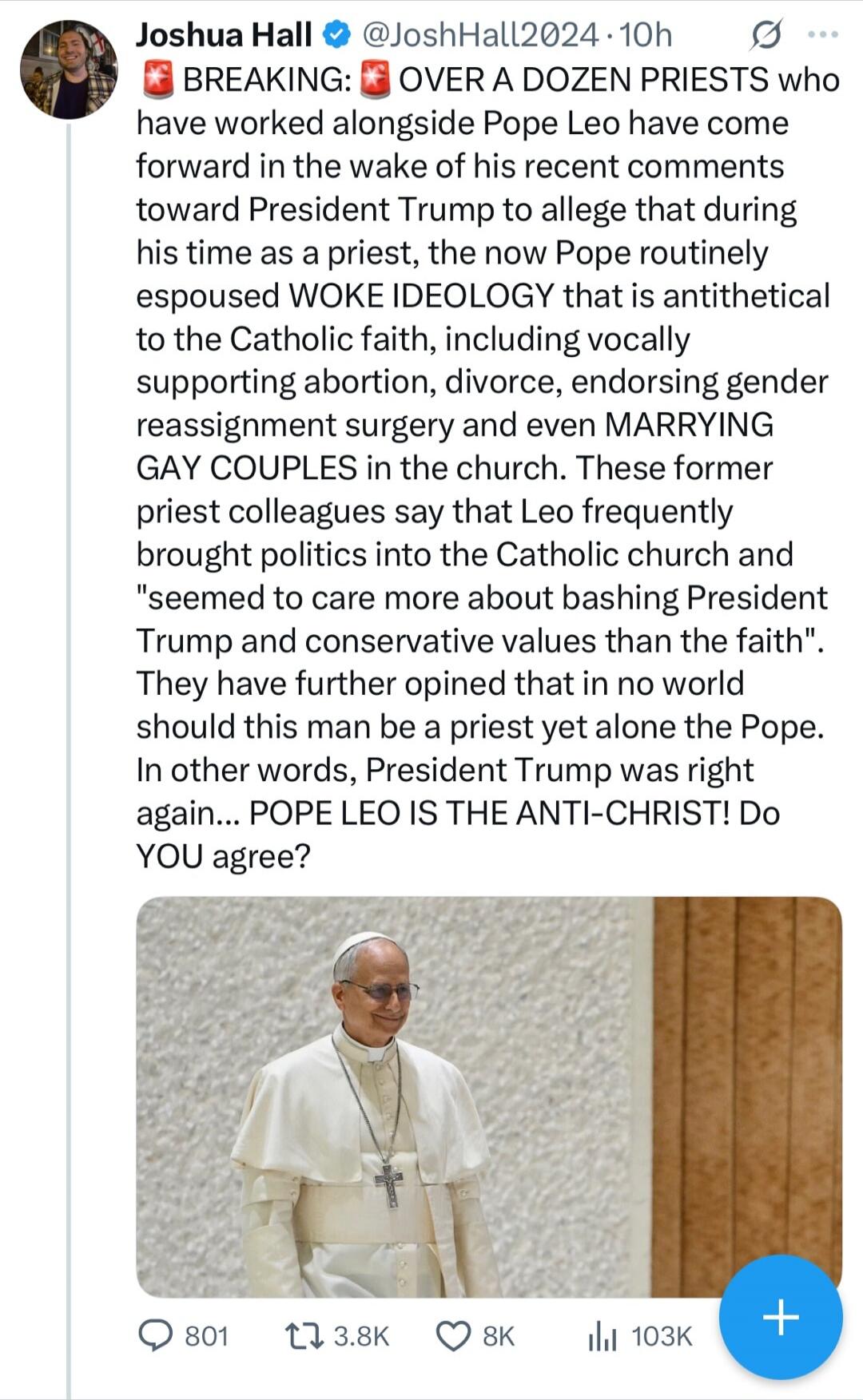 BREAKING: Over a dozen priests who have worked alongside Pope Leo have come forward in the wake of his recent comments toward President Trump to allege that during his time as a priest, the now Pope routinely espoused WOKE IDEOLOGY that is antithetical to the Catholic faith, including vocally supporting abortion, divorce, endorsing gender reassignm