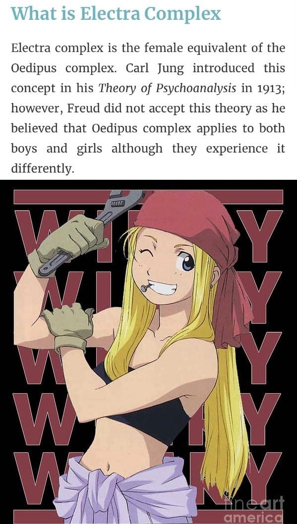 What is Electra Complex Electra complex is the female equivalent of the Oedipus complex Carl Jung introduced this concept in his Theory of Psychoanalysis in 1913 however Freud did not accept this theory as he believed that Oedipus complex applies to both boys and girls although they experience it differently