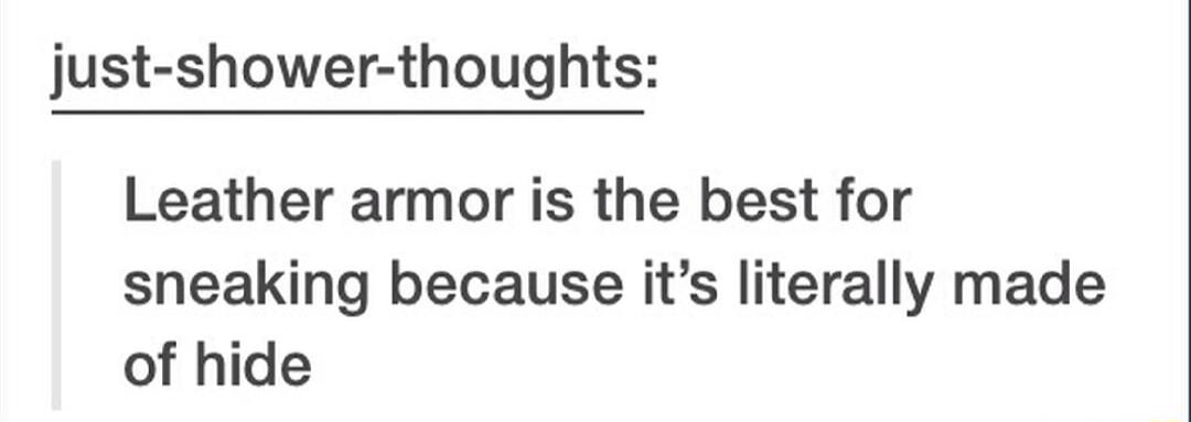 just shower thoughts Leather armor is the best for sneaking because its literally made of hide