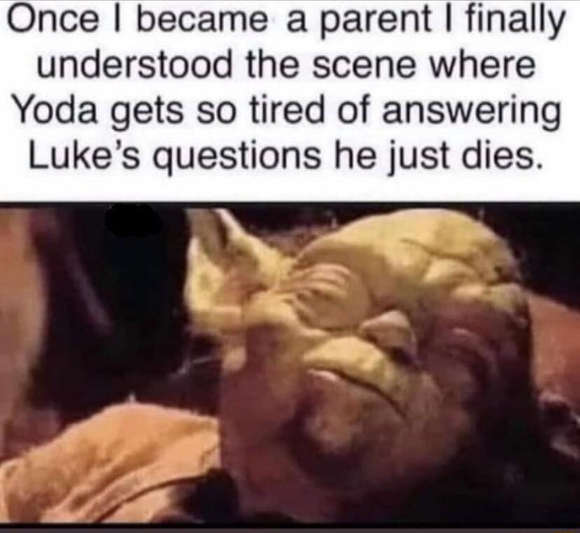 Once became a parent finally understood the scene where Yoda gets so tired of answering Lukes questions he just dies