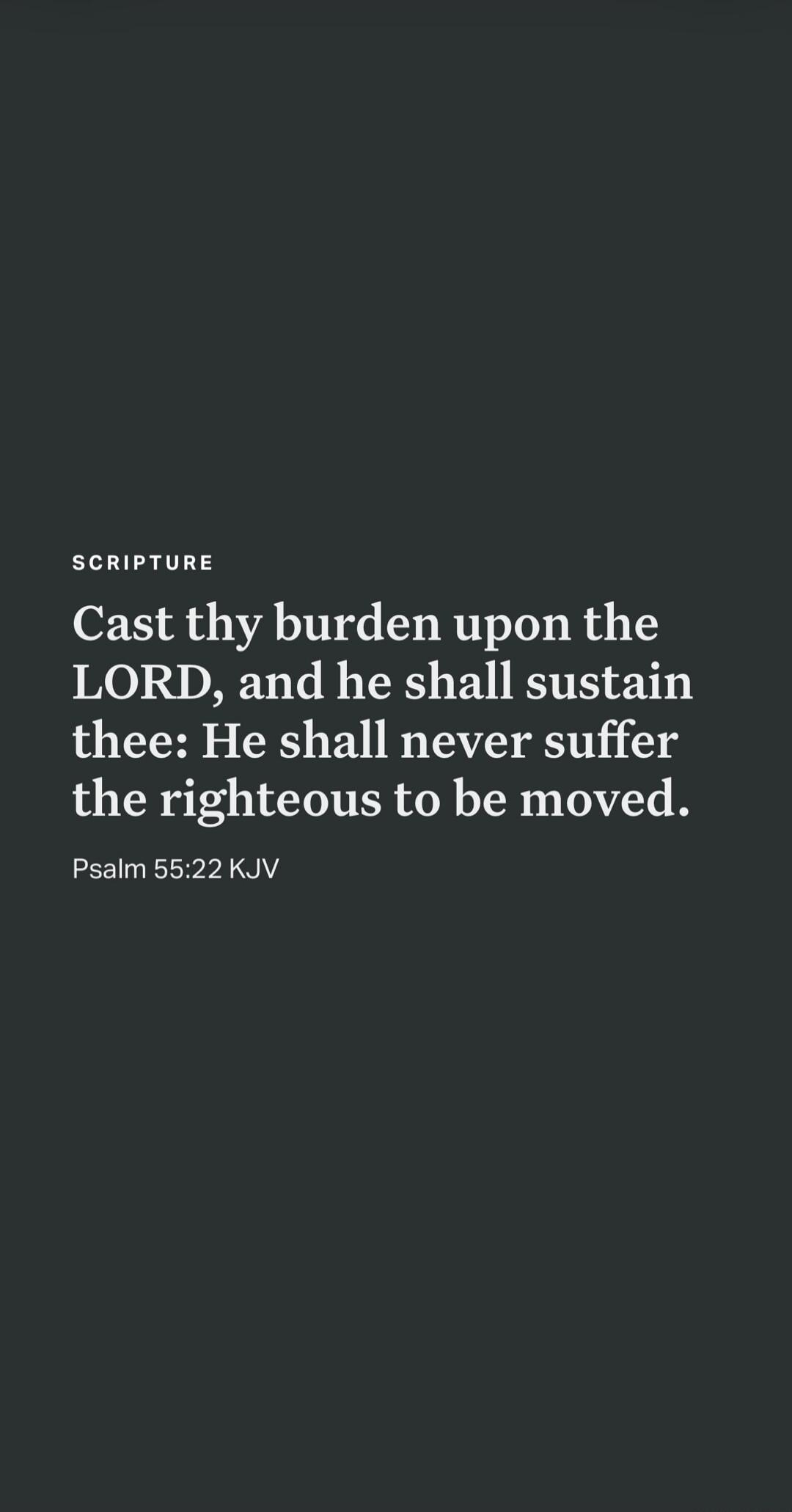 SCRIPTURE Cast thy burden upon the LORD, and he shall sustain thee: He shall never suffer the righteous to be moved. Psalm 55:22 KJV