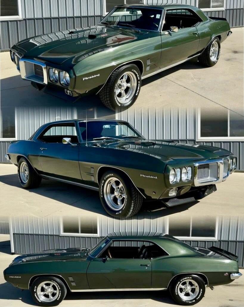 Three photos of a green classic Pontiac Firebird muscle car shown from different angles.