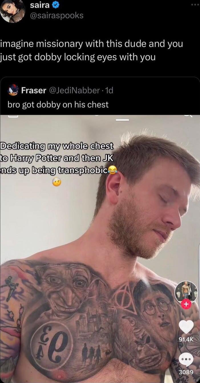 T RSSO T AV G R TR Ve CRTale R 1Y just got dobby locking eyes with you A Fraser JediNabber 1d bro got dobby on his chest Deelieaiing Gy Winele ek o REmy Pefier ene hen 1