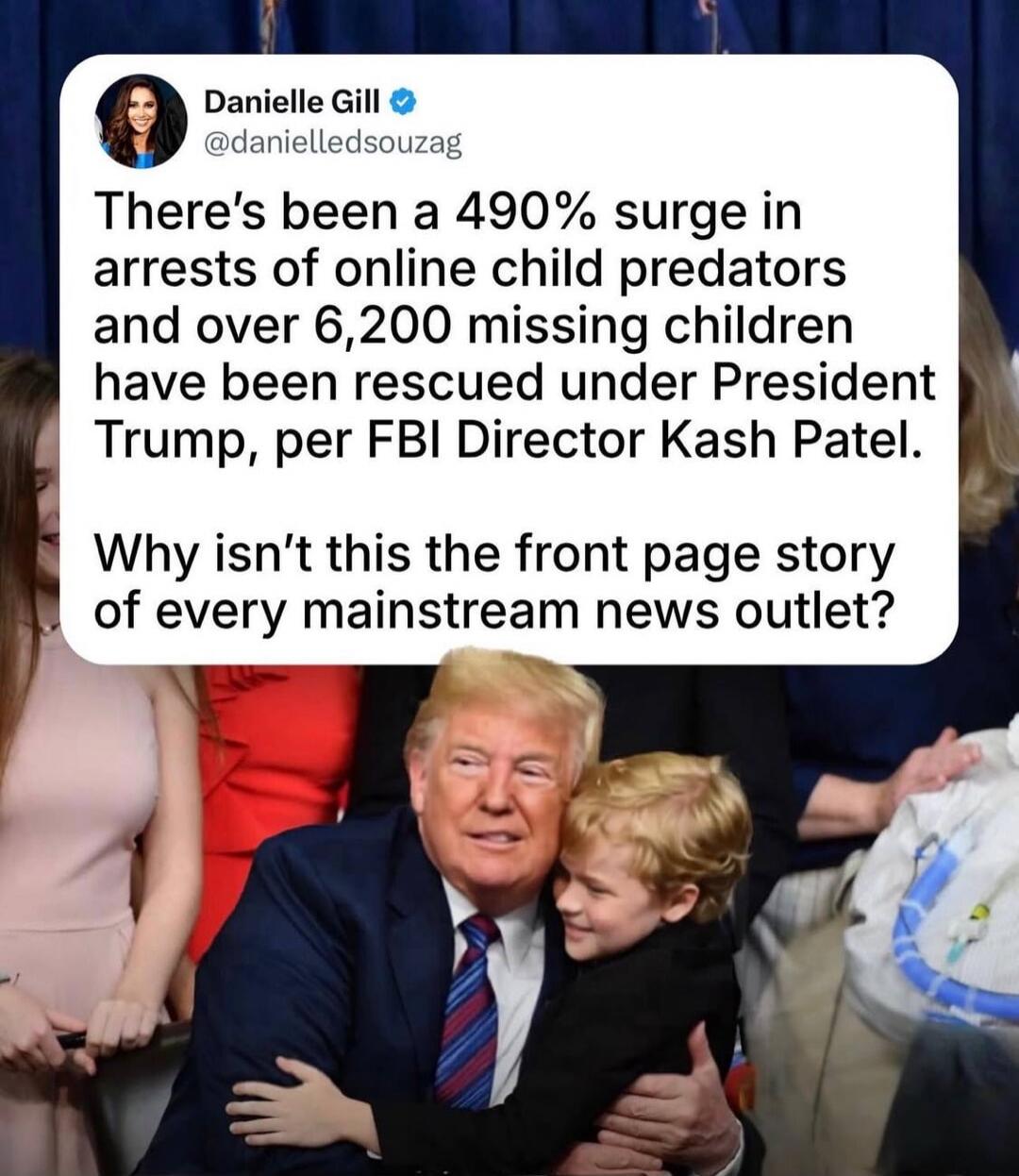 Danielle Gill @danielledsouzag There's been a 490% surge in arrests of online child predators and over 6,200 missing children have been rescued under President Trump, per FBI Director Kash Patel. Why isn't this the front page story of every mainstream news outlet?
