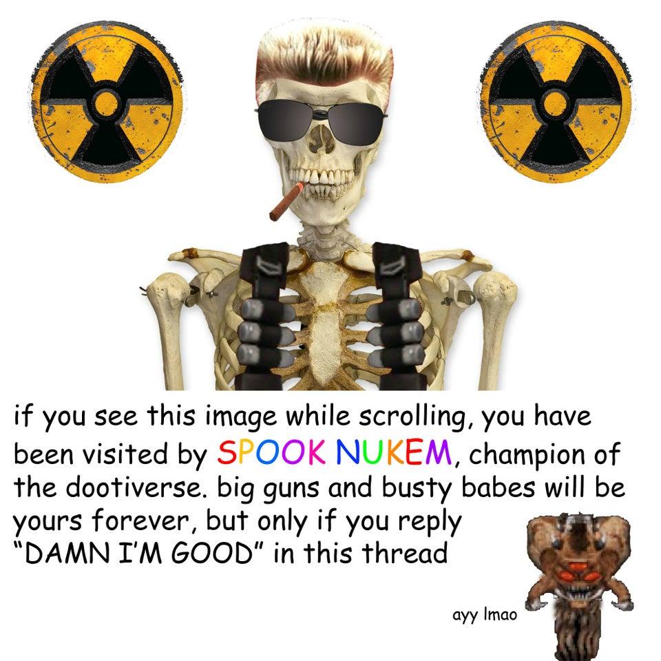 if you see this image while scrolling you have been visited by SFOOK NUKEM champion of the dootiverse big guns and busty babes will be yours forever but only if you reply DAMN IM GOOD in this thread ayy Imao