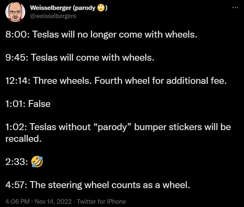 Preserey 800 Teslas will no longer come with wheels 945 Teslas will come with wheels 1214 Three wheels Fourth wheel for additional fee 101 False 102 Teslas without parody bumper stickers will be recalled pEH 457 The steering wheel counts as a wheel