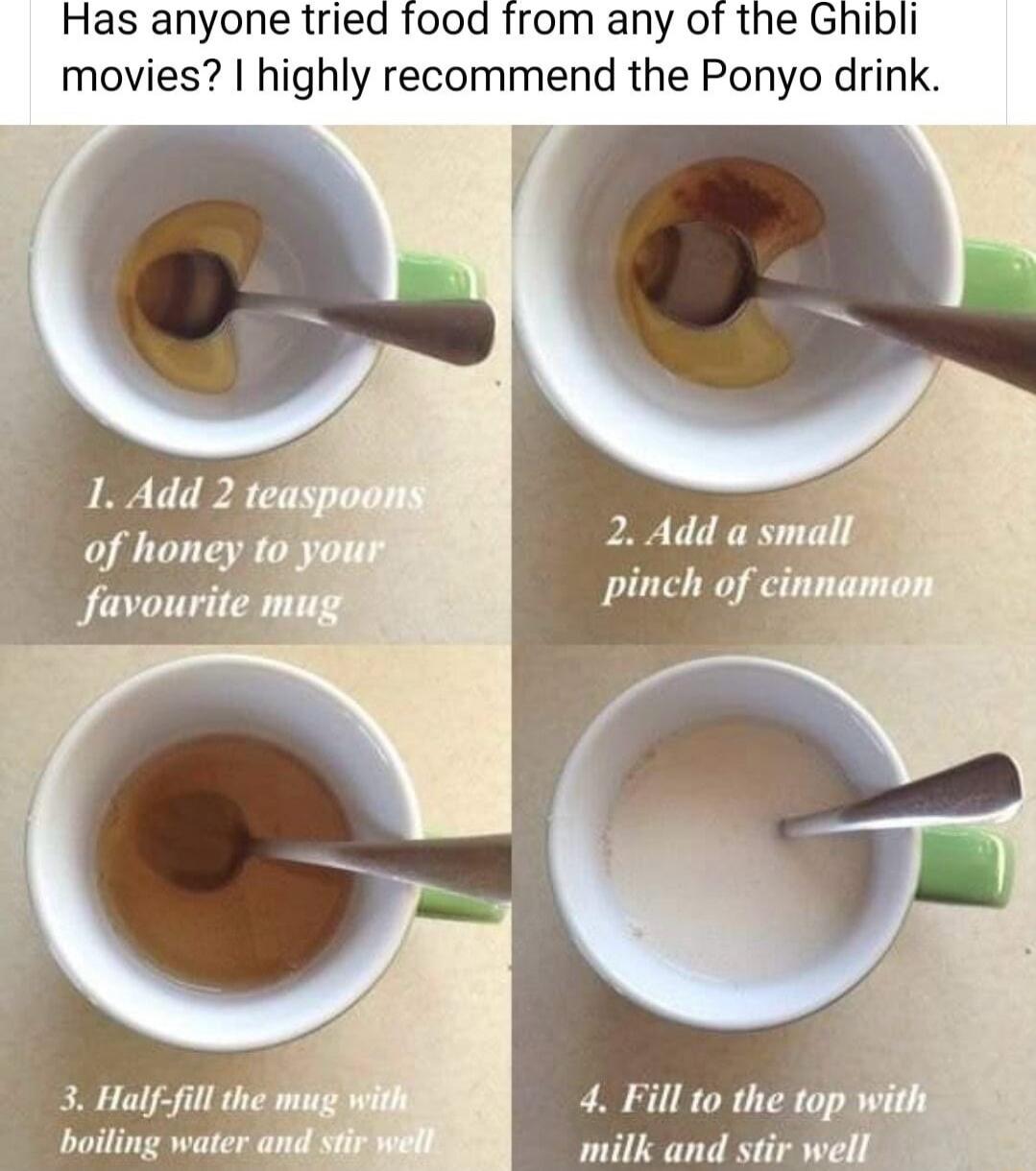 Has anyone tried food from any of the Ghibli movies highly recommend the Ponyo drink 4 Fill to the milk and stie