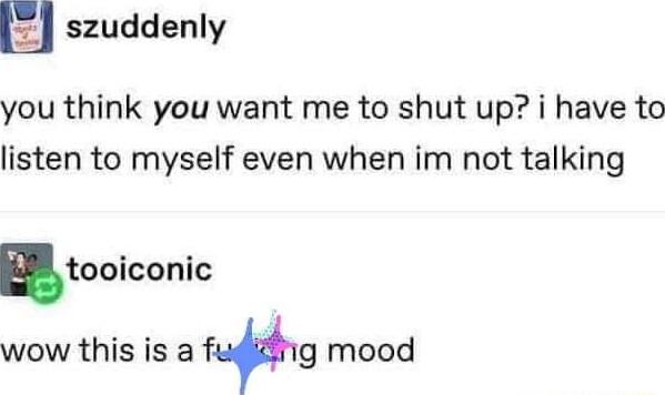 EI szuddenly you think you want me to shut up i have to listen to myself even when im not talking Btooiconic wow this is a fg mood