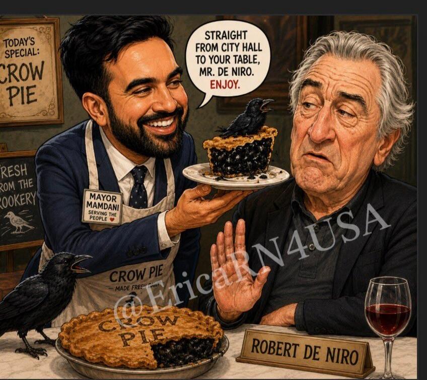 TODAY'S SPECIAL: CROW PIE. FRESH FROM THE ROOKERY. MAYOR MAMDANI SERVING THE PEOPLE. CROW PIE MADE FRESH. STRAIGHT FROM CITY HALL TO YOUR TABLE, MR. DE NIRO. ENJOY. ROBERT DE NIRO.