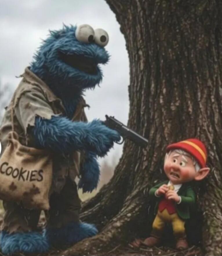 Cookie Monster, looking menacing and disheveled, points a handgun at a frightened elf-like character. Cookie Monster carries a sack labeled 'COOKIES'.