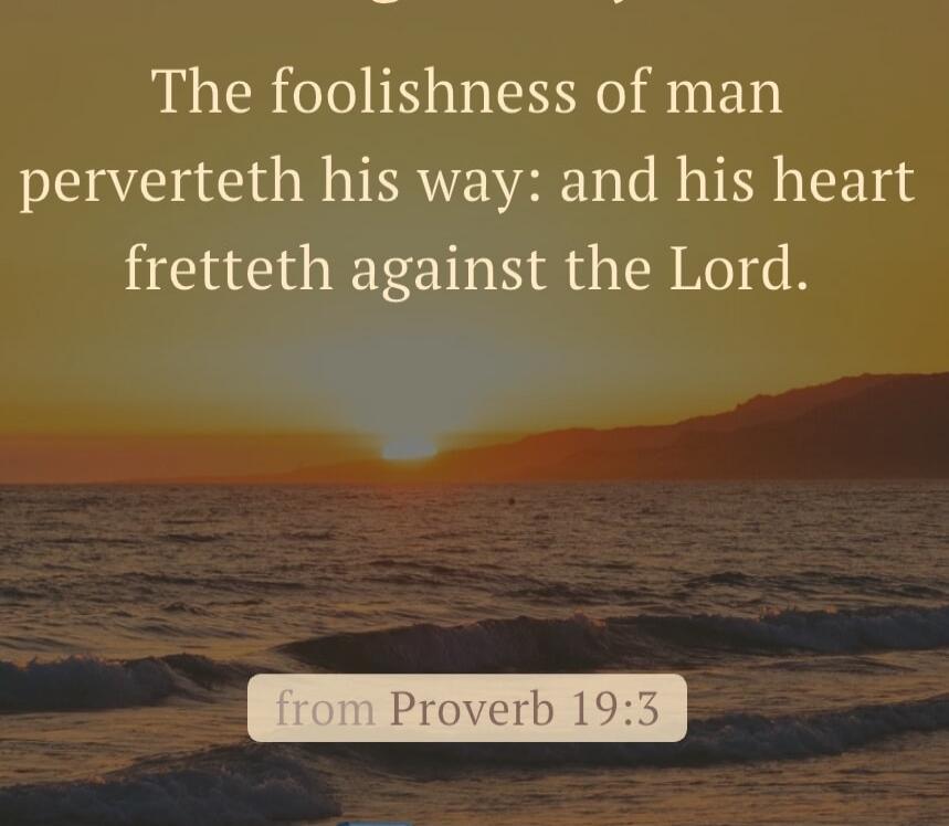 The foolishness of man perverteth his way: and his heart fretteth against the Lord. 
from Proverb 19:3