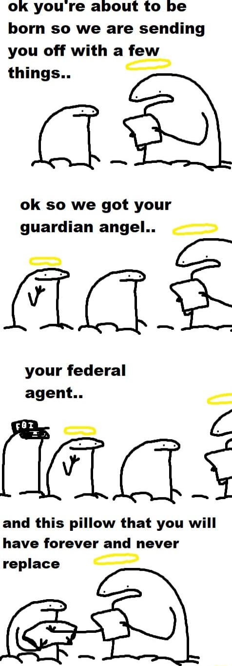 oK youre about to be born so we are sending you off with a few things ok so we got your guardian angel v your federal agent P c v _ and this pillow that you will have forever and never replace t