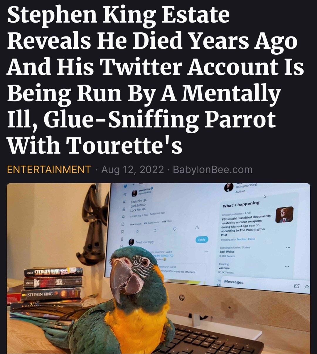Stephen King Estate Reveals He Died Years Ago And His Twitter Account Is Being Run By A Mentally Ill Glue Sniffing Parrot With Tourettes ENTERTAINM