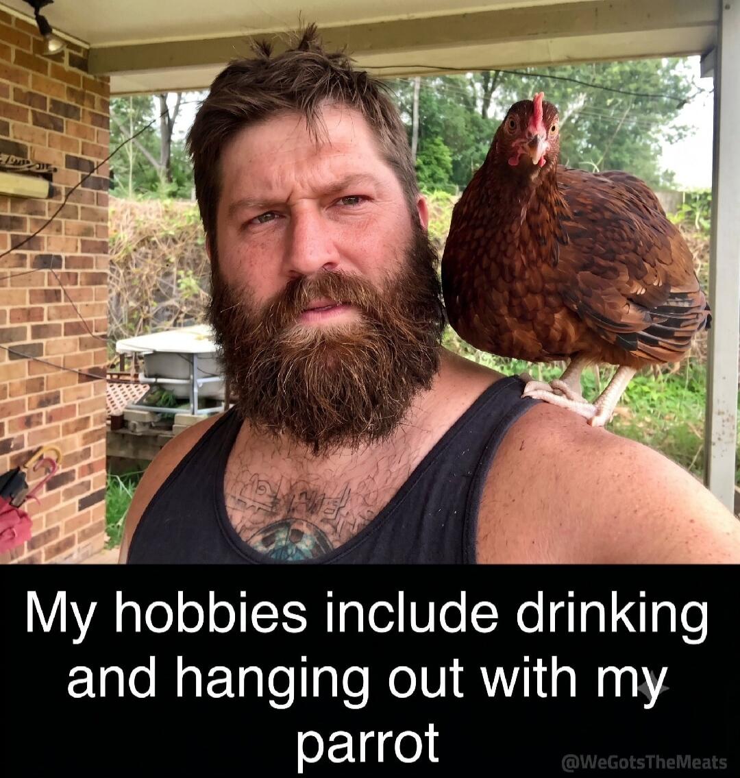 My hobbies include drinking and hanging out with my parrot