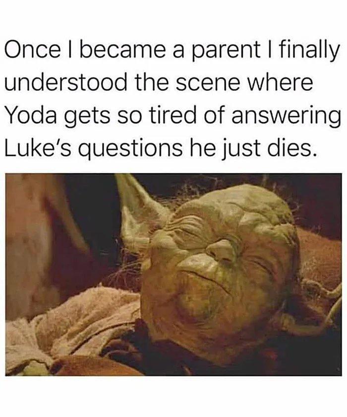 Once became a parent finally understood the scene where Yoda gets so tired of answering Lukes questions he just dies