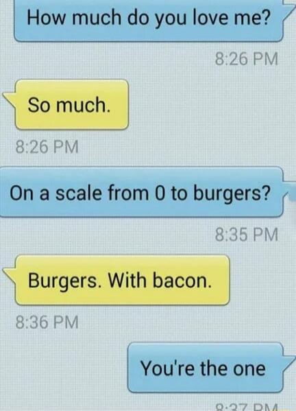 How much do you love me?
So much.
On a scale from 0 to burgers?
Burgers. With bacon.
You're the one