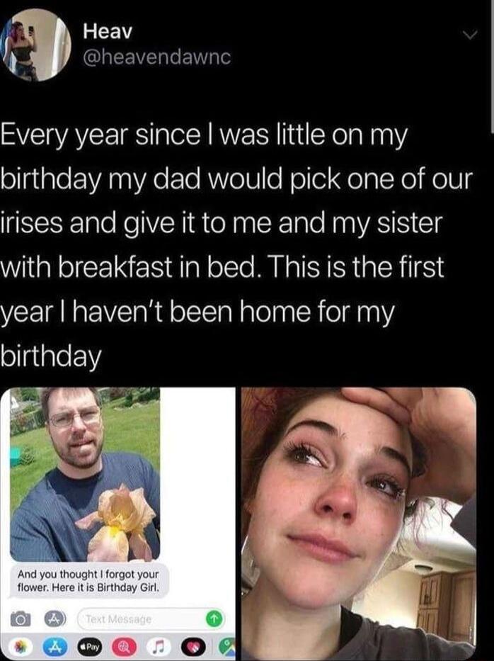 L heavendawnc Every year since was little on my birthday my dad would pick one of our irises and give it to me and my sister with breakfast in bed This is the first year havent been home for my birthday
