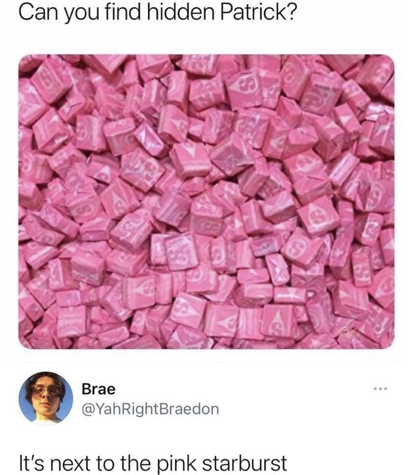 Can you find hidden Patrick Brae YahRightBraedon ts next to the pink starburst