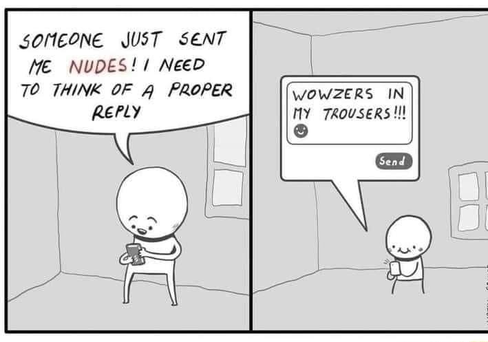 SOMEONE JUST SENT ME NUDES Neeb 70 THINK OF 4 PROPER WOWZERS IN RePLY nY 7ROUSERS
