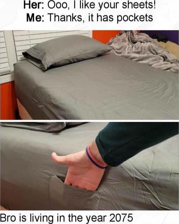 Her: Ooo, I like your sheets! Me: Thanks, it has pockets
Bro is living in the year 2075