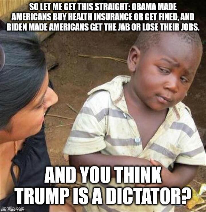 SO LET ME GET THIS STRAIGHT: OBAMA MADE AMERICANS BUY HEALTH INSURANCE OR GET FINED, AND BIDEN MADE AMERICANS GET THE JAB OR LOSE THEIR JOBS. AND YOU THINK TRUMP IS A DICTATOR?