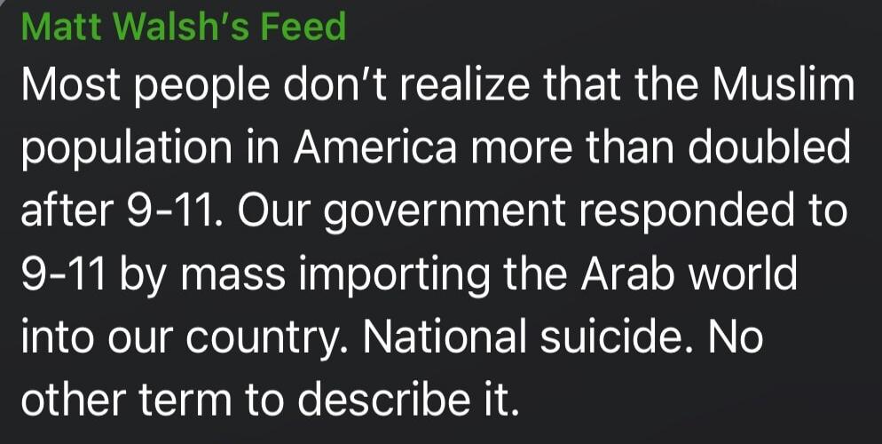 Most people don't realize that the Muslim population in America more than doubled after 9-11. Our government responded to 9-11 by mass importing the Arab world into our country. National suicide. No other term to describe it.