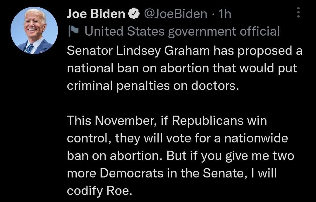 Joe Biden JoeBiden 1h I United States government official RELEIGIG R EEWRETEL E I ERRWIT I L national ban on abortion that would put criminal penalties on doctors This November if Republicans win control they will vote for a nationwide ban on abortion But if you give me two UCIEE R CEE SRR GRS E R R codify Roe 1333 11 5184 219K o