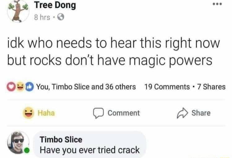 Tree Dong 8hrs idk who needs to hear this right now but rocks dont have magic powers D You Timbo Slice and 36 others 19 Comments 7 Shares Haha comment Share Timbo Slice Have you ever tried crack