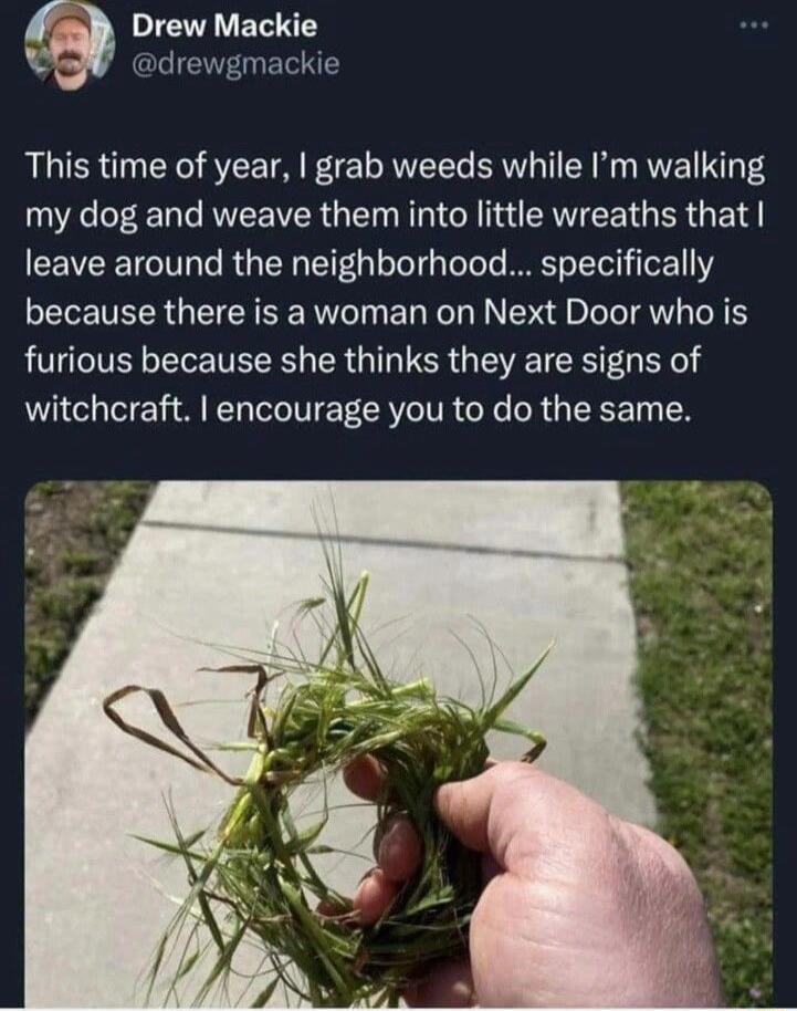 DI ETE L drewgmackie This time of year grab weeds while Im walking my dog and weave them into little wreaths that CEVEETCI T RN I TelgaToTele BT LT o111 because there is a woman on Next Door who is furious because she thinks they are signs of witchcraft encourage you to do the same