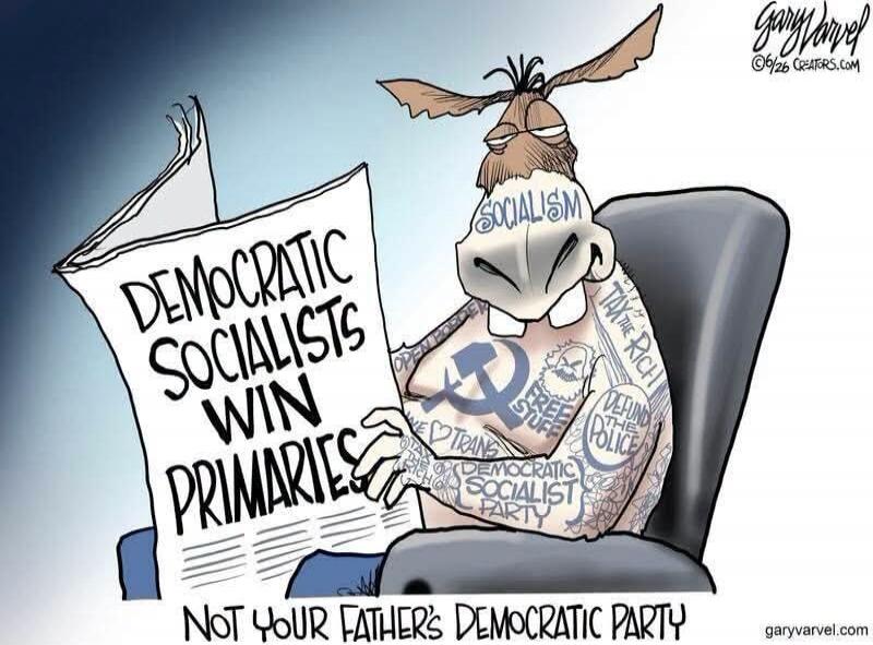 DEMOCRATIC SOCIALISTS WIN PRIMARIES. SOCIALISM. TAX THE RICH. DEFUND THE POLICE. FREE STUFF. TRANS. DEMOCRATIC SOCIALIST PARTY. OPEN BORDERS. NOT YOUR FATHER'S DEMOCRATIC PARTY.
