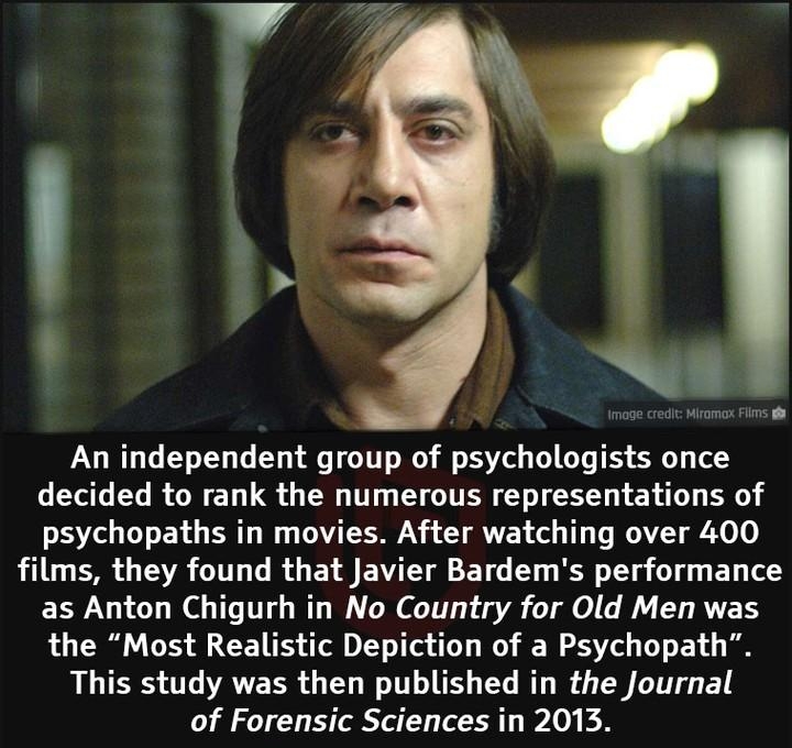 An independent group of psychologists once decided to rank the numerous representations of E7 U ETGERT N DTN SYRVEY o T T R A films they found that Javier Bardems performance as Anton Chigurh in No Country for Old Men was the Most Realistic Depiction of a Psychopath This study was then published in the Journal of Forensic Sciences in 2013