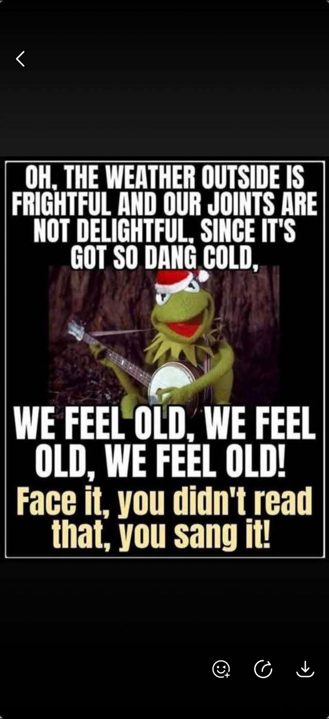 OH, THE WEATHER OUTSIDE IS FRIGHTFUL AND OUR JOINTS ARE NOT DELIGHTFUL, SINCE IT'S GOT SO DANG COLD, WE FEEL OLD, WE FEEL OLD, WE FEEL OLD! Face it, you didn't read that, you sang it!