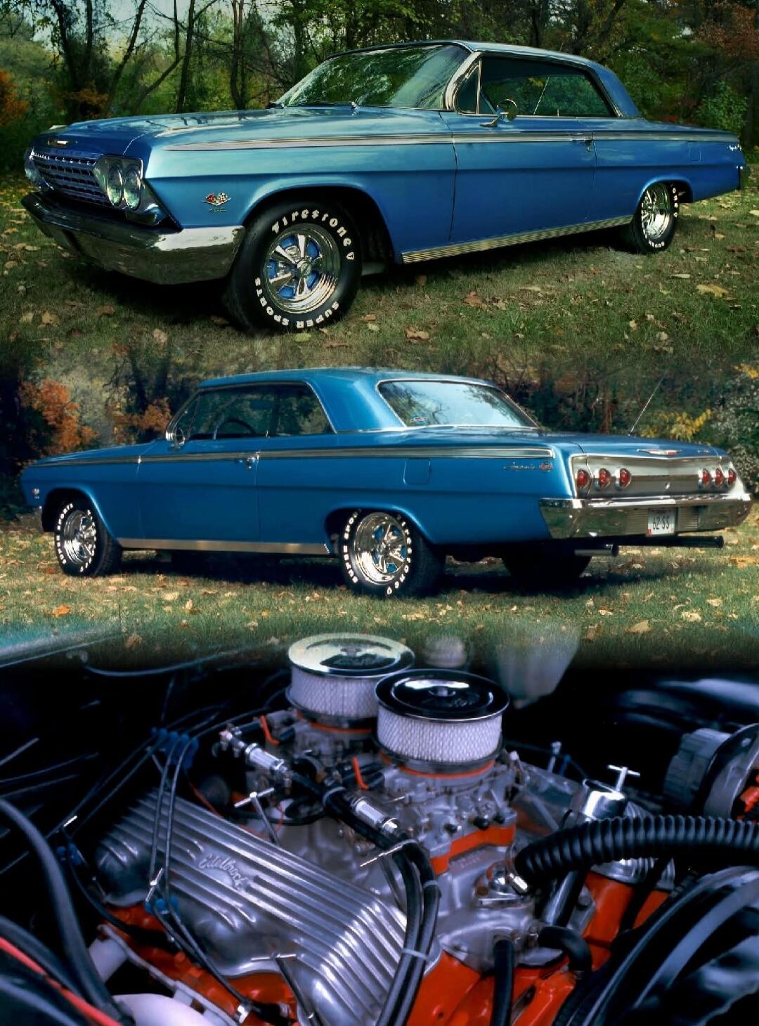 Blue vintage classic car with chrome trim shown from multiple angles, including an engine close-up.