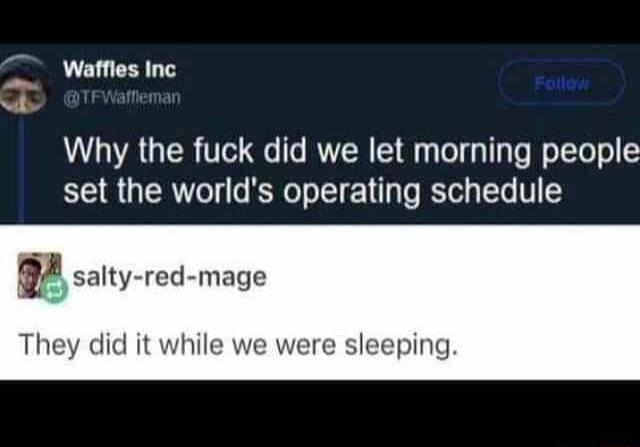 Waffles Inc Why the fuck did we let morning people set the worlds operating schedule E salty red mage They did it while we were sleeping