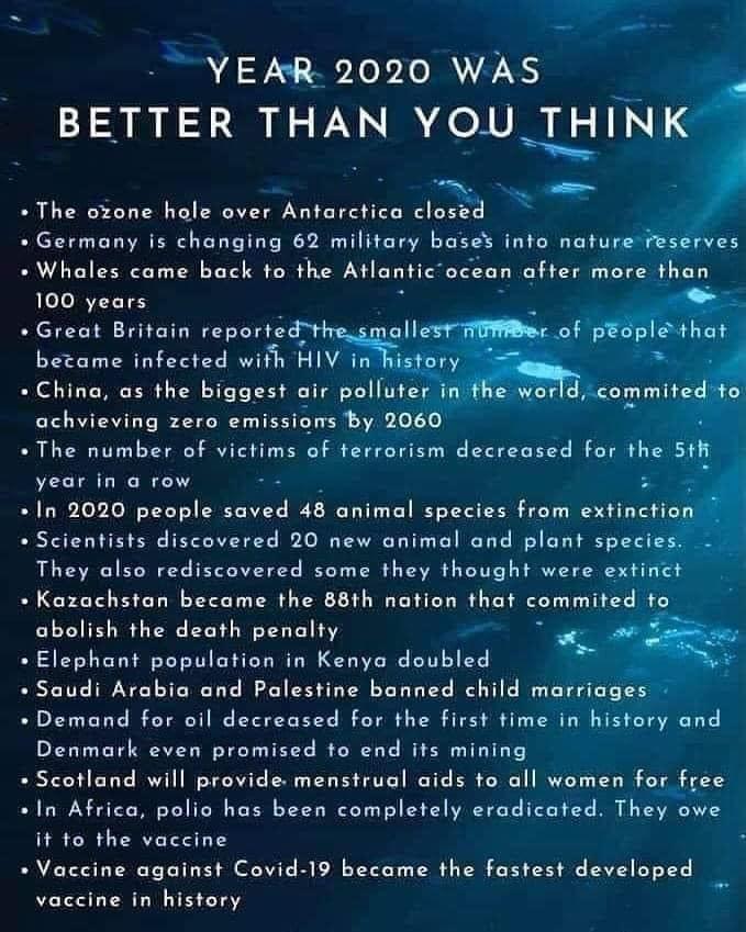 YEAR 2020 WAS BETTER THAN YOU THINK Q The ozone hole over Antarctiza close Germany is changing 62 military bases into nature Whales came back to the Atlanticocean after mor 100 years Scientists discovered 20 new animal and plant speci They also rediscovered some they thought were ex abolish the death penalty Elephant population in Kenya doubled Saudi Arabia and Palestine banned child m Demand for 