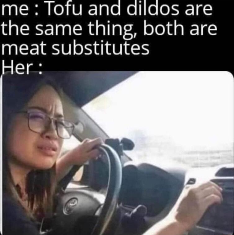 me Tofu and dildos are the same thing both are meat substitutes Her