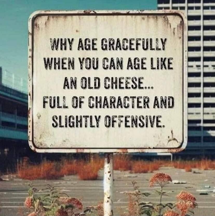 WHY AGE GRACEFULLY WHEN YOU CAN AGE LIKE AN OLD CHEESE... FULL OF CHARACTER AND SLIGHTLY OFFENSIVE.