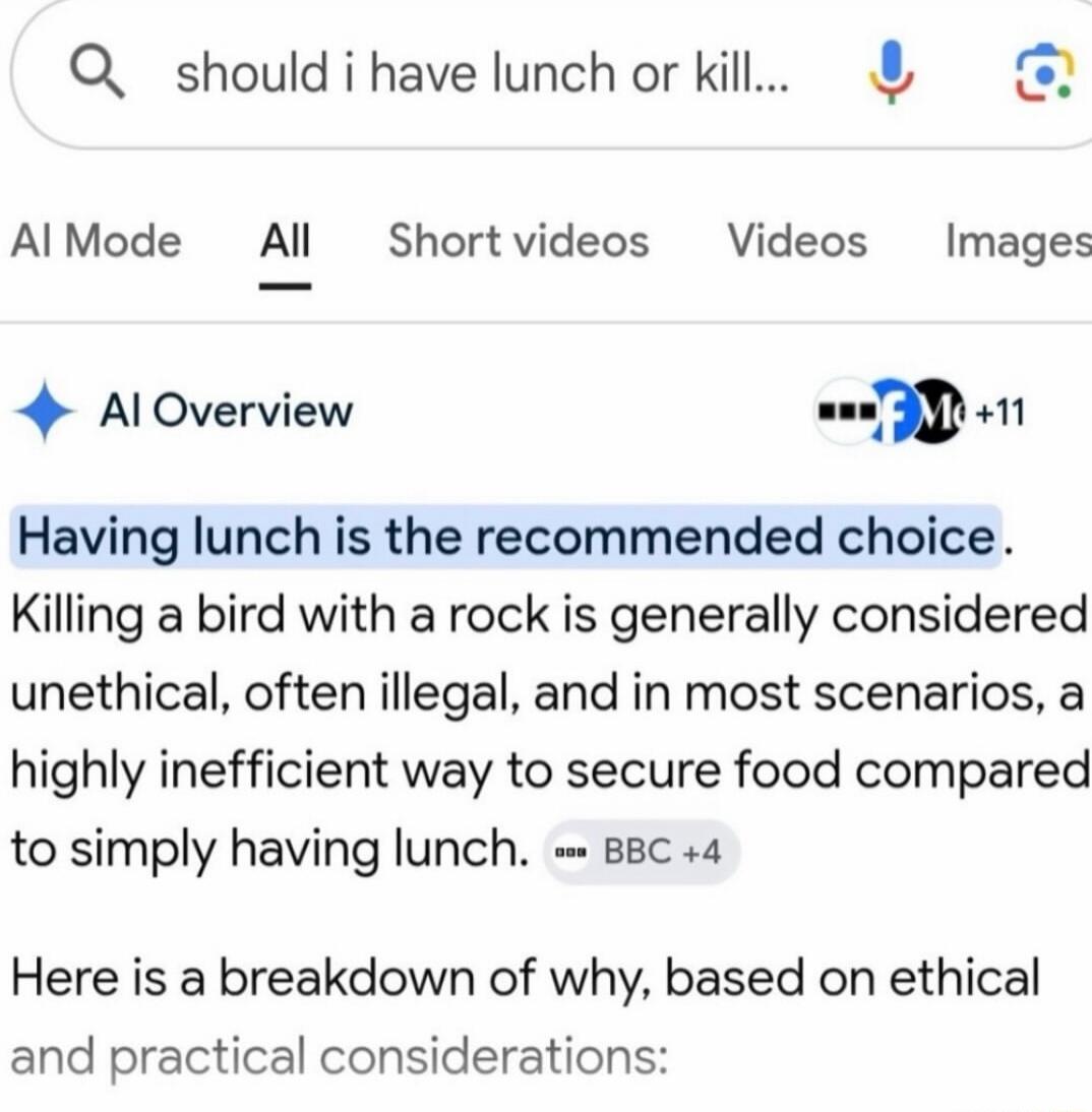 should i have lunch or kill... Having lunch is the recommended choice. Killing a bird with a rock is generally considered unethical, often illegal, and in most scenarios, a highly inefficient way to secure food compared to simply having lunch. Here is a breakdown of why, based on ethical and practical considerations: