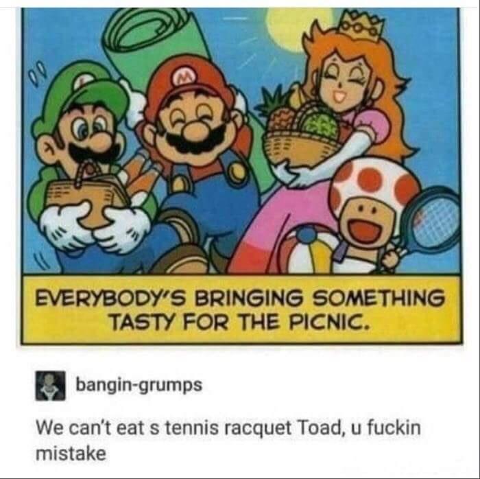 EVERYBODYS BRINGING SOMETHING TASTY FOR THE PICNIC n bangin grumps We cant eat s tennis racquet Toad u fuckin mistake