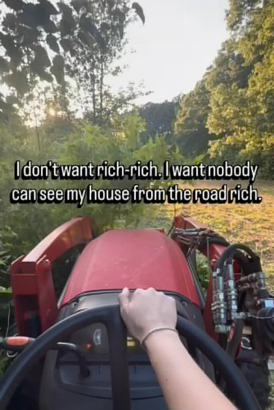 I don't want rich-rich. I want nobody can see my house from the road rich.