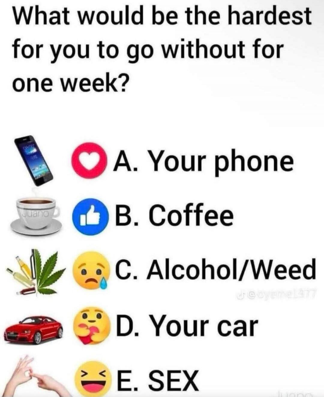 What would be the hardest for you to go without for one week? A. Your phone B. Coffee C. Alcohol/Weed D. Your car E. SEX