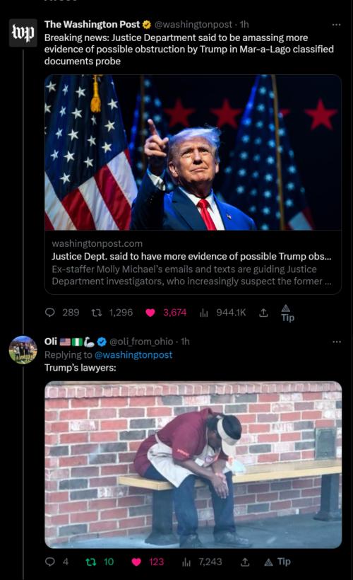 The Washington Post Breaking news Justice Department said to be amassing more evidence of possible obstruction by Trump in Mar a Lago classified ety x4 x K 4 ol 21 i Dept said to have more evidence of possible Trump obs ol mwl Trumps lawyers