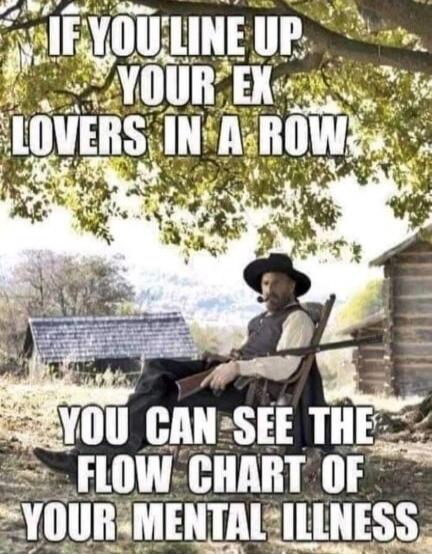 IF YOU LINE UP YOUR EX LOVERS IN A ROW YOU CAN SEE THE FLOW CHART OF YOUR MENTAL ILLNESS