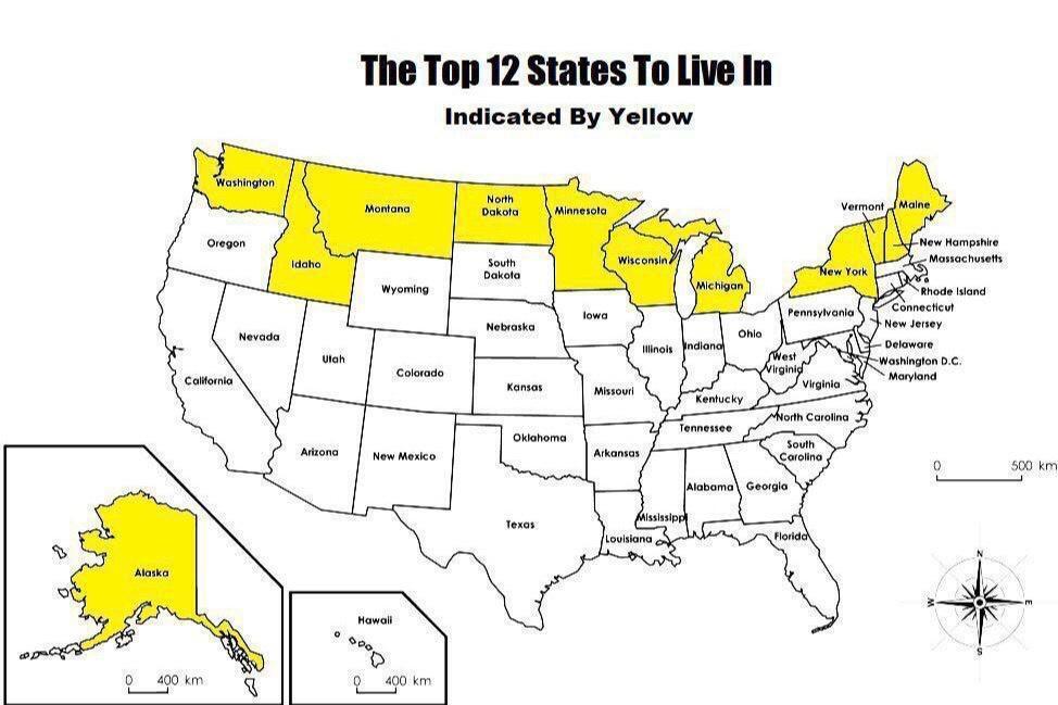 The Top 12 States To Live In Indicated By Yellow