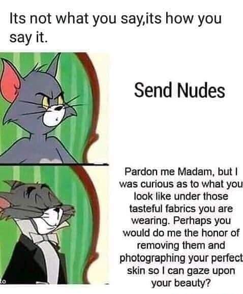 Its not what you sayits how you say it Send Nudes Pardon me Madam but was curious as to what you look like under those tasteful fabrics you are wearing Perhaps you would do me the honor of removing them and photographing your perfect skin so can gaze upon your beauty